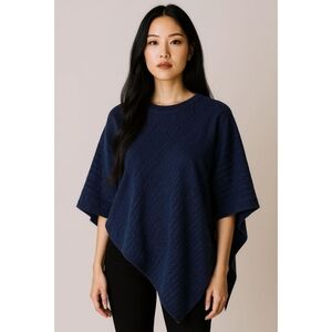 J Jill one size cable knit poncho navy blue winter grandma classic bohemian